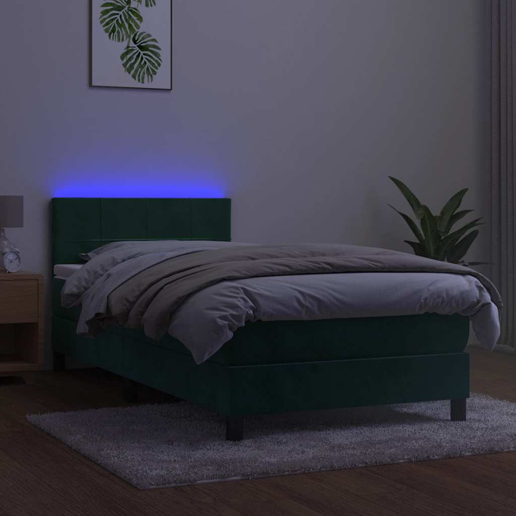 sötétzöld bársony rugós és LED-es ágy matraccal 100x200 cm