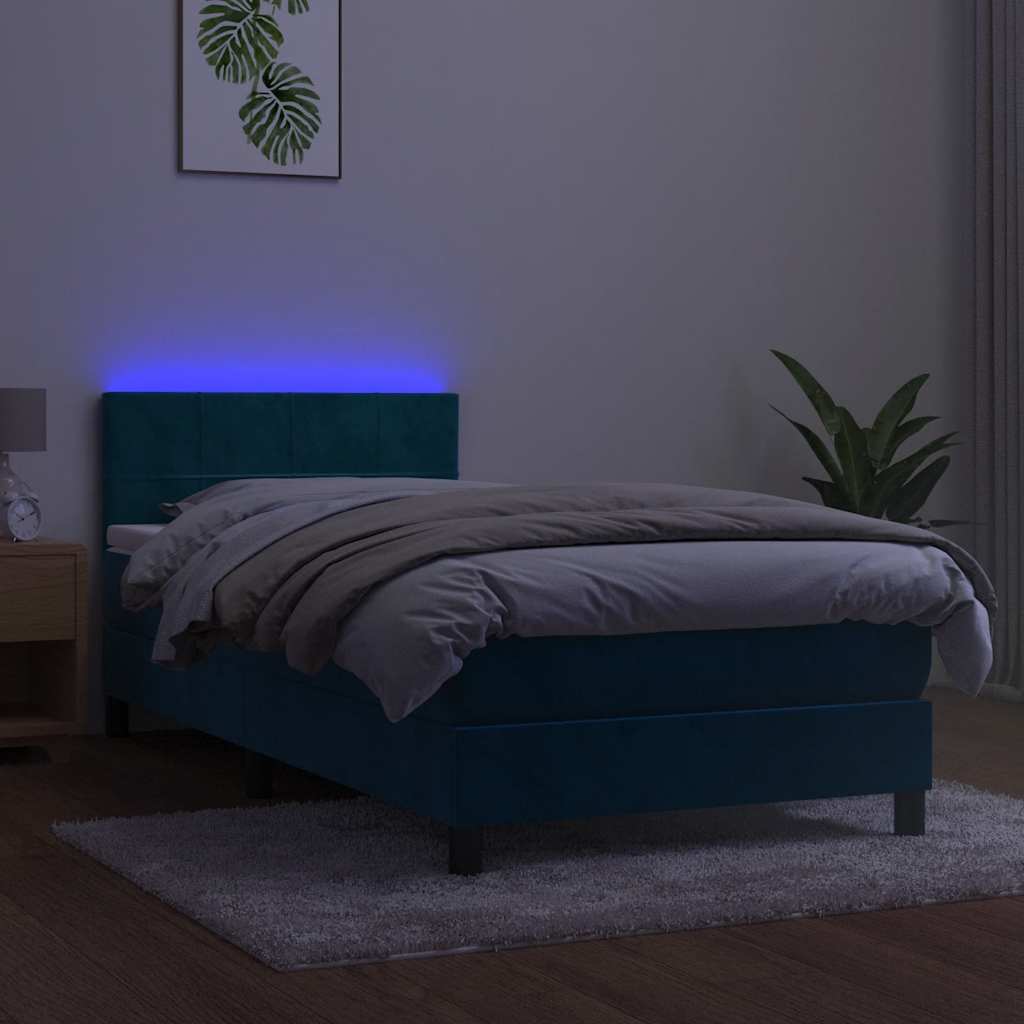 sötétkék bársony rugós és LED-es ágy matraccal 100x200 cm