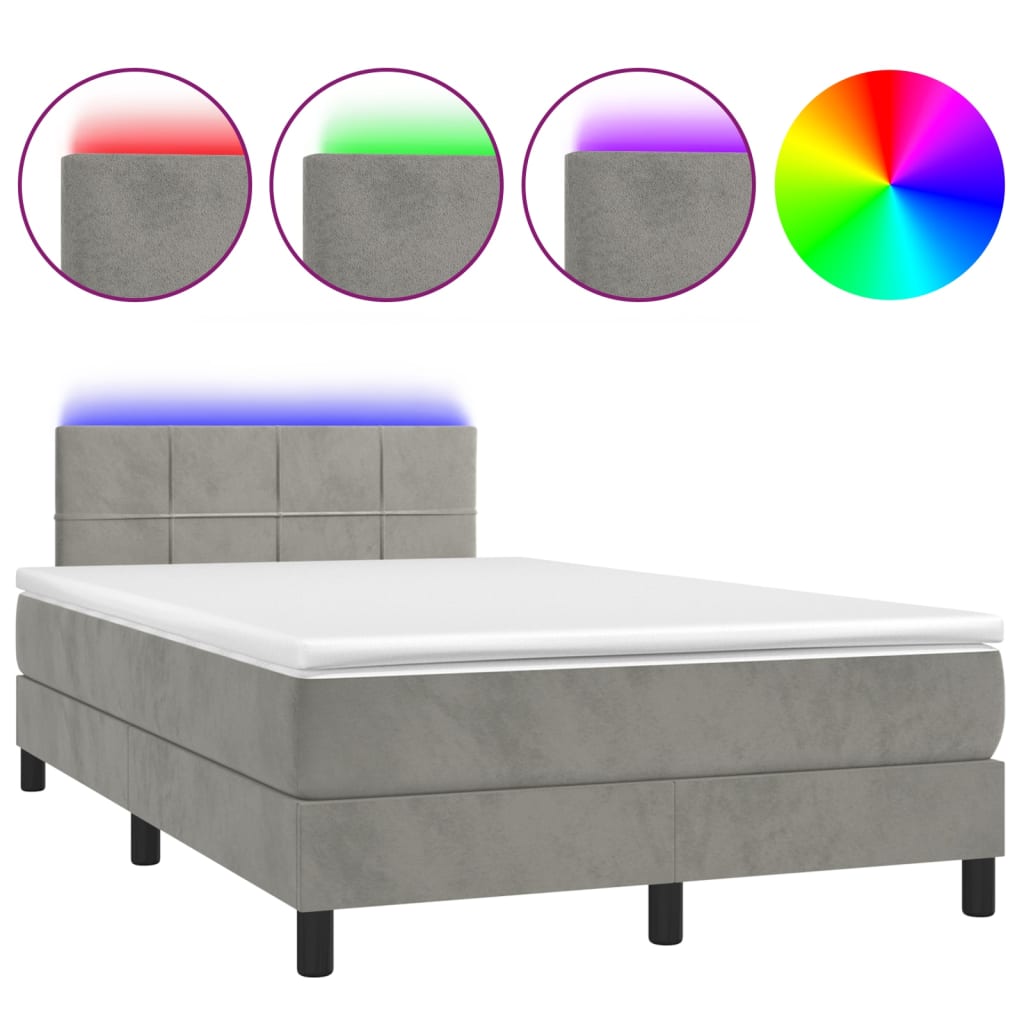 világosszürke bársony rugós és LED-es ágy matraccal 120x200 cm