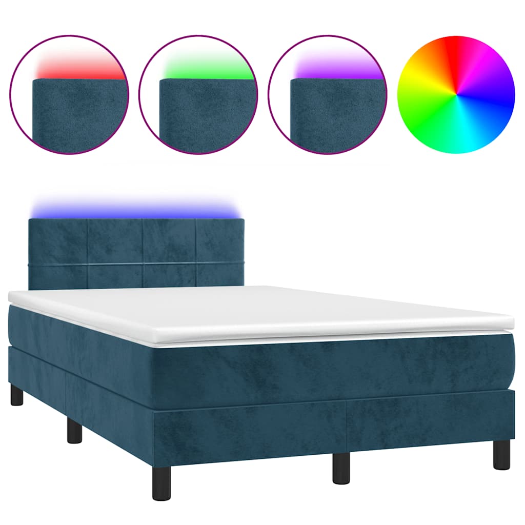 sötétkék bársony rugós és LED-es ágy matraccal 120x200 cm