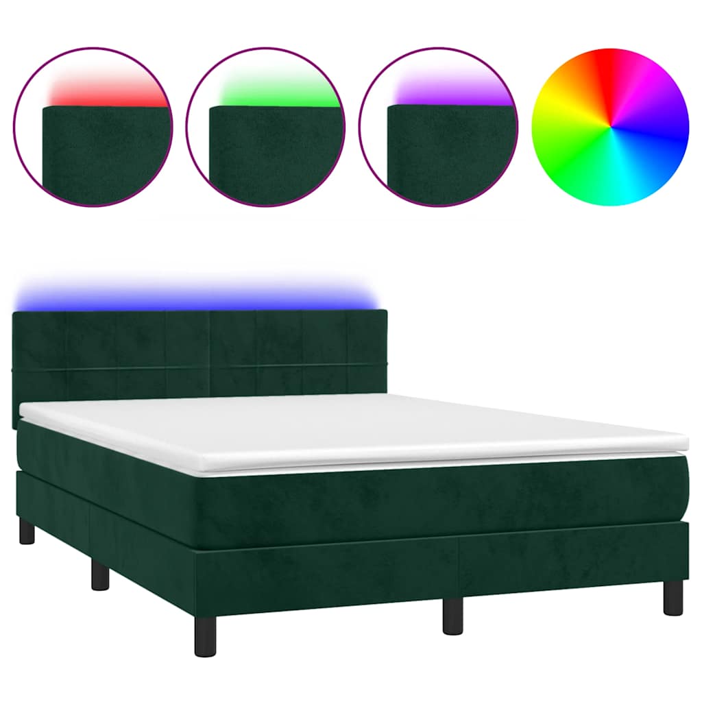 sötétzöld bársony rugós és LED-es ágy matraccal 140x190 cm