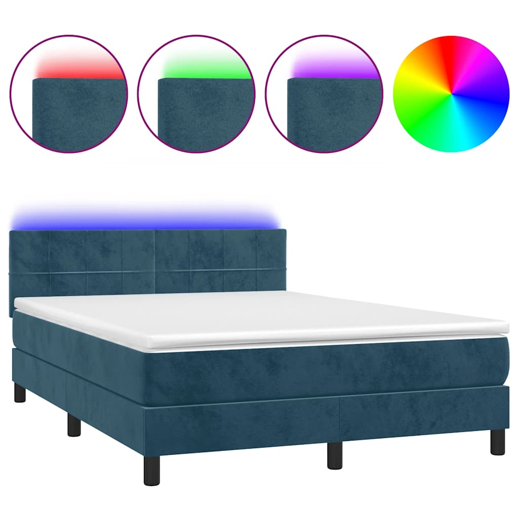 sötétkék bársony rugós és LED-es ágy matraccal 140x190 cm
