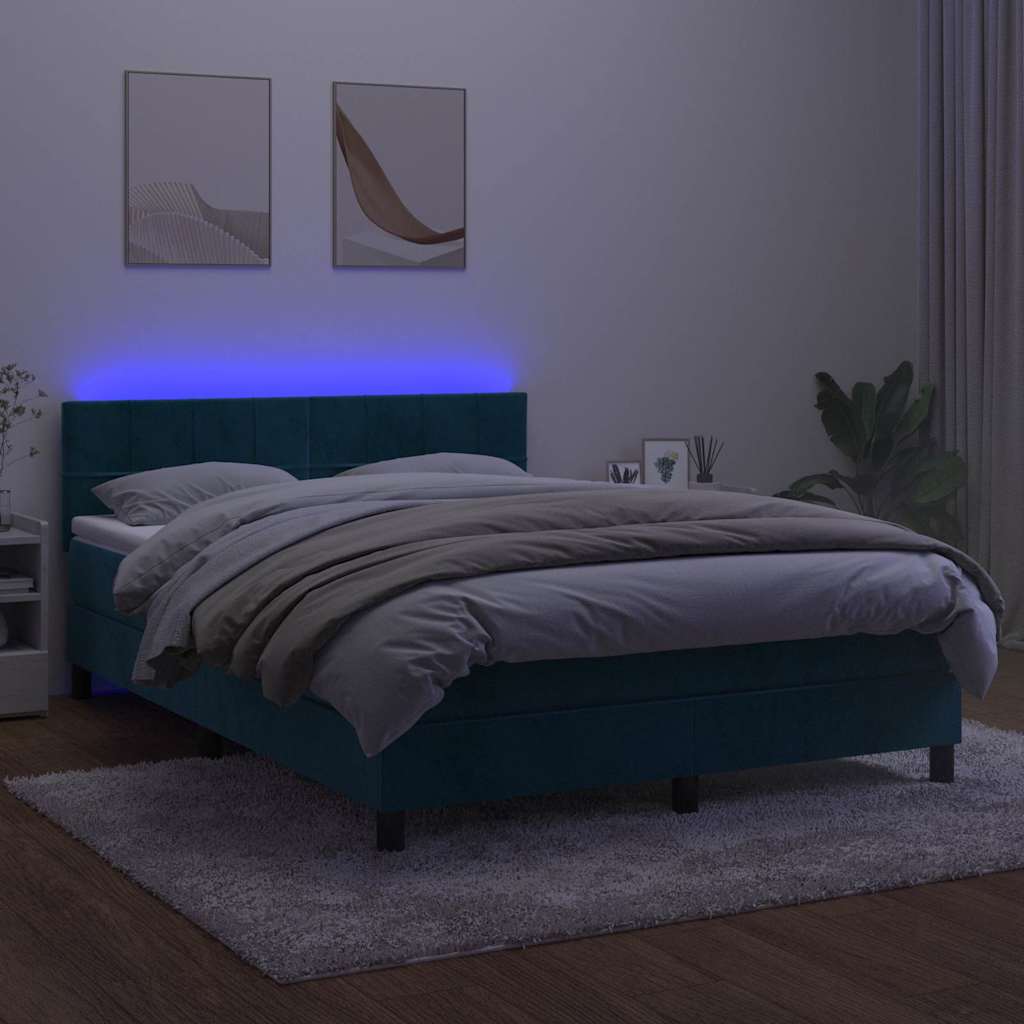 sötétkék bársony rugós és LED-es ágy matraccal 140x190 cm