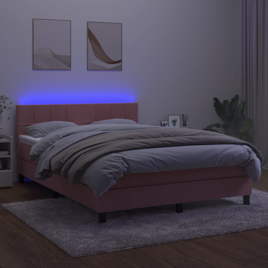 rózsaszín bársony rugós és LED-es ágy matraccal 140x190 cm