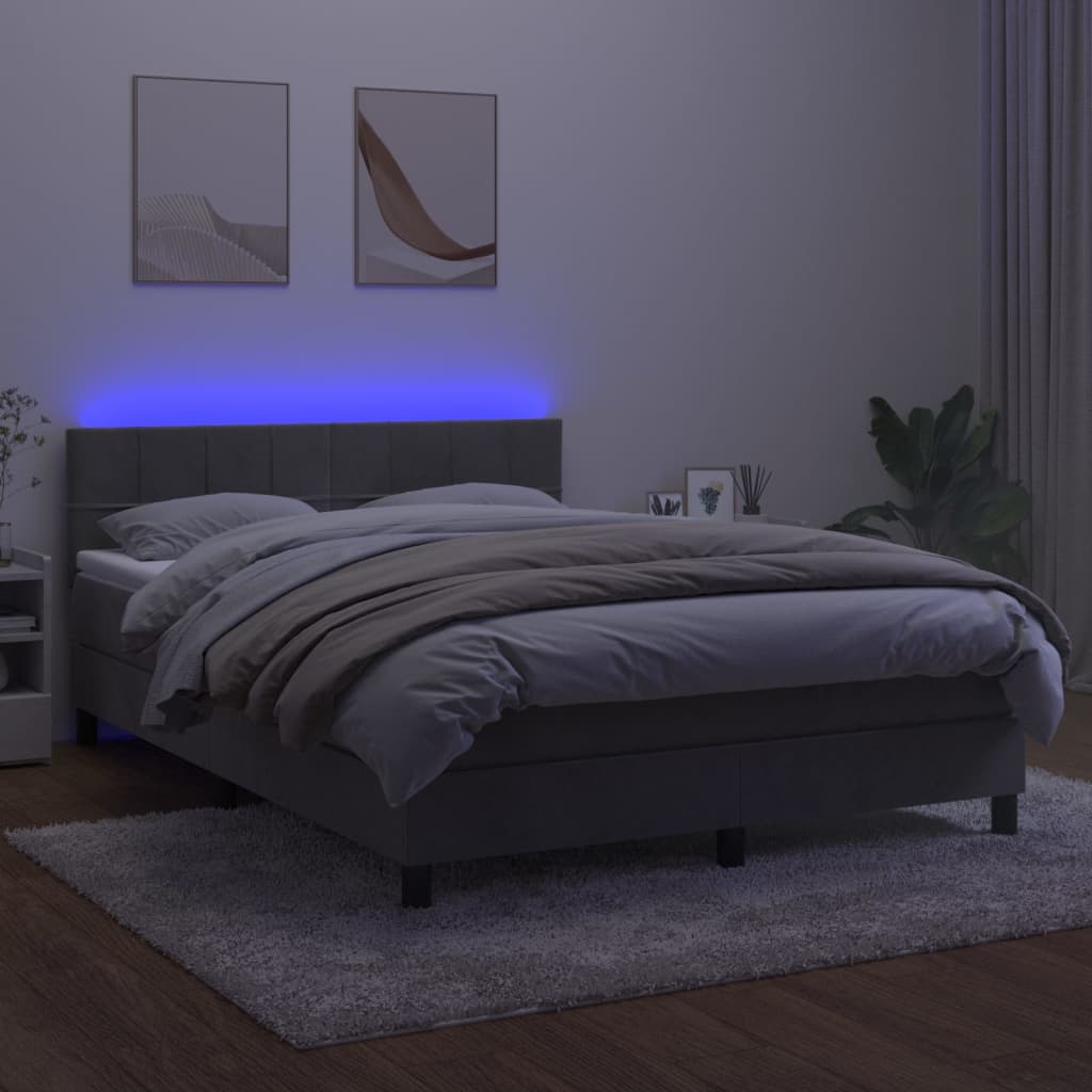 világosszürke bársony rugós és LED-es ágy matraccal 140x200 cm