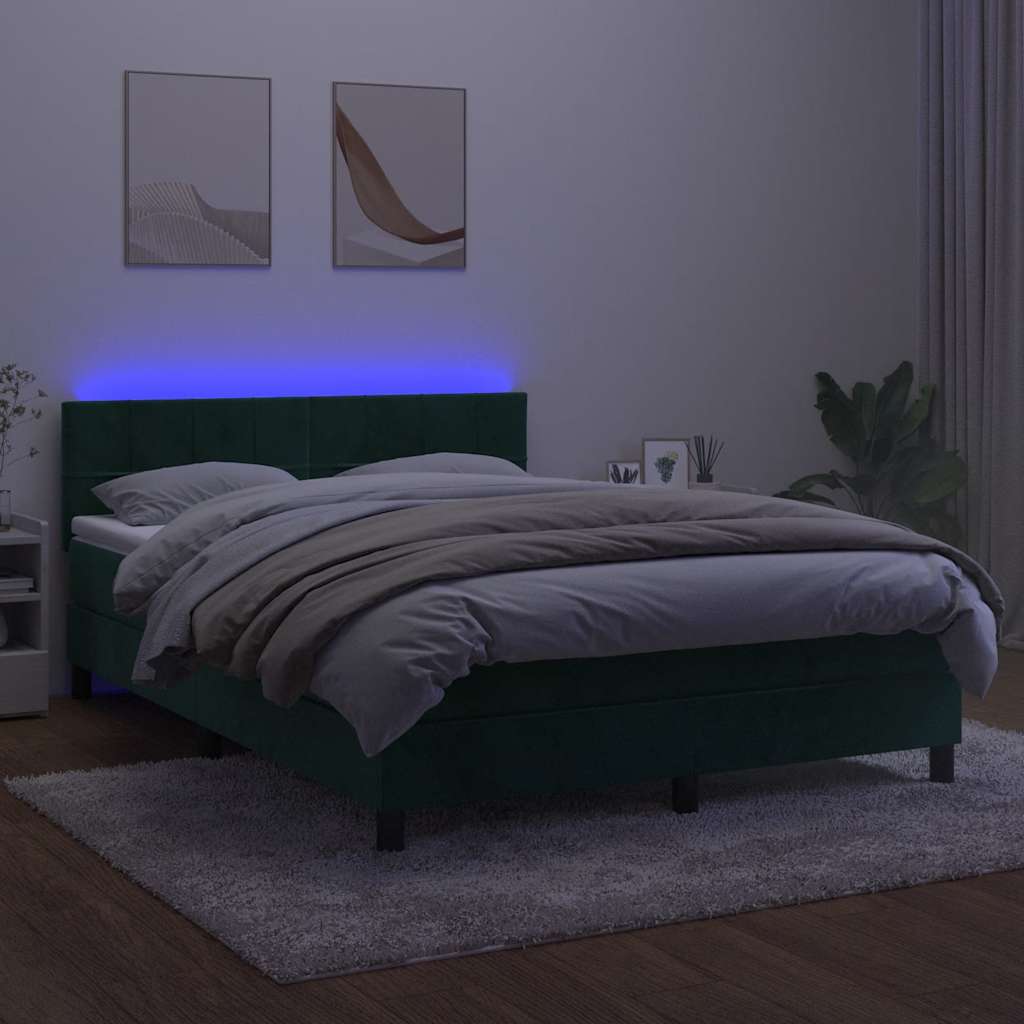 sötétzöld bársony rugós és LED-es ágy matraccal 140x200 cm