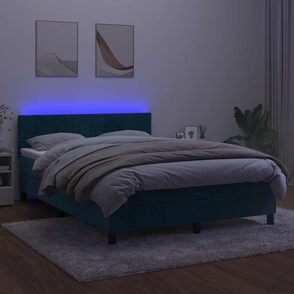 sötétkék bársony rugós és LED-es ágy matraccal 140x200 cm