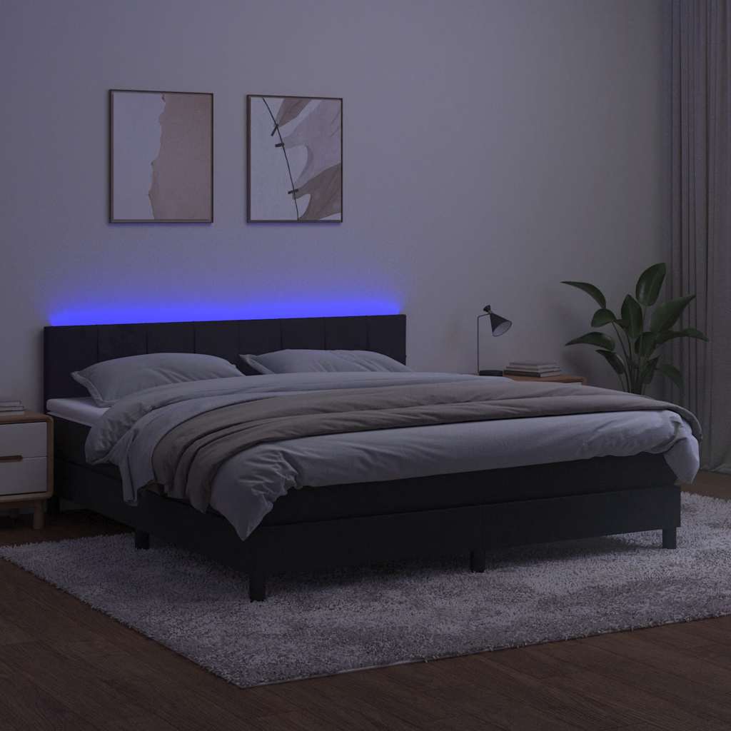 fekete bársony rugós és LED-es ágy matraccal 160x200 cm