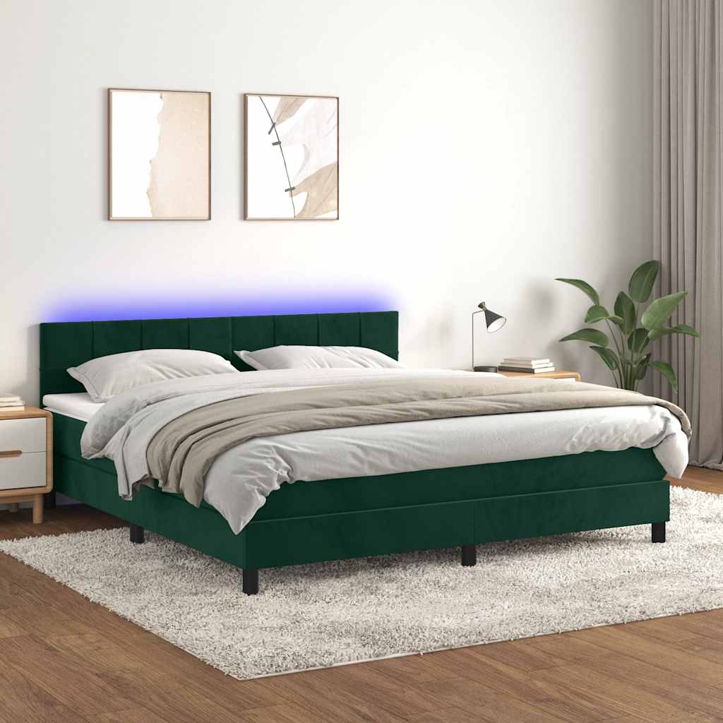 sötétzöld bársony rugós és LED-es ágy matraccal 160x200 cm