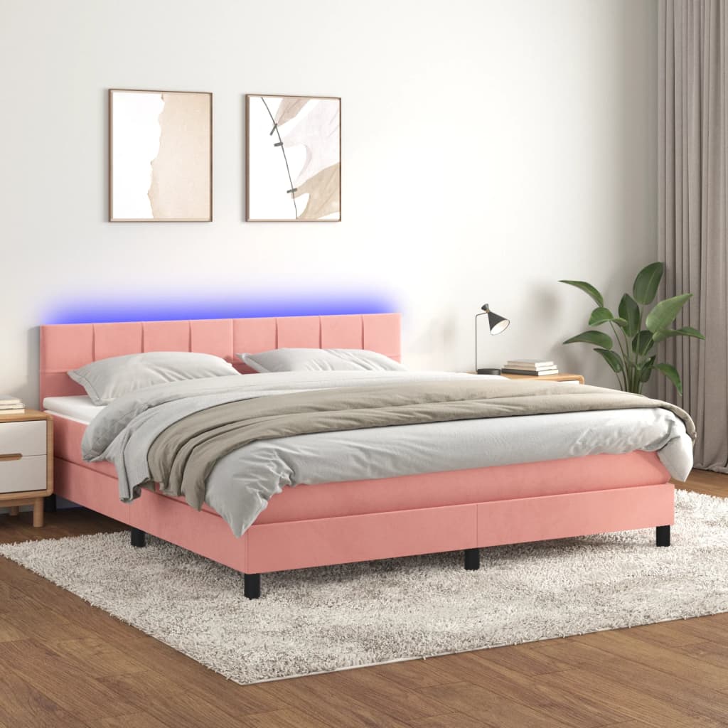 rózsaszín bársony rugós és LED-es ágy matraccal 160x200 cm
