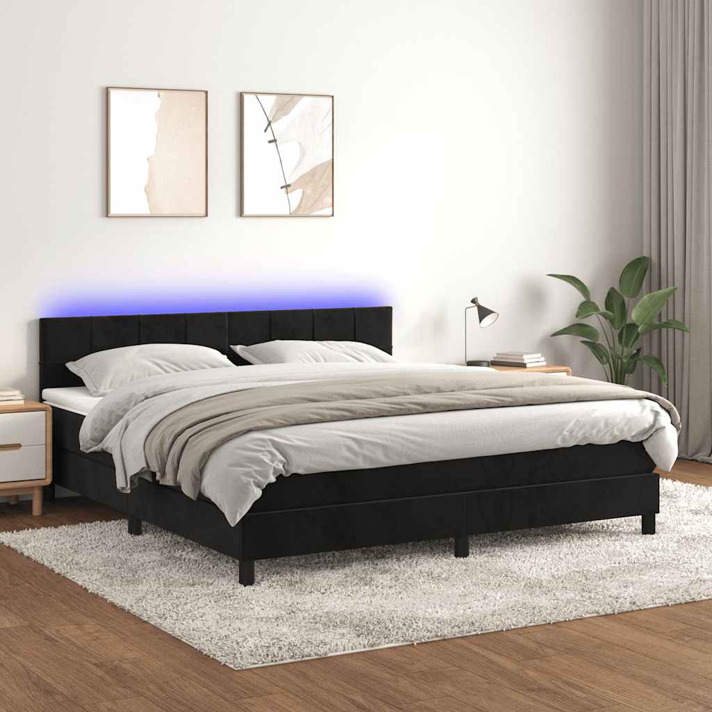 fekete bársony rugós és LED-es ágy matraccal 180x200 cm
