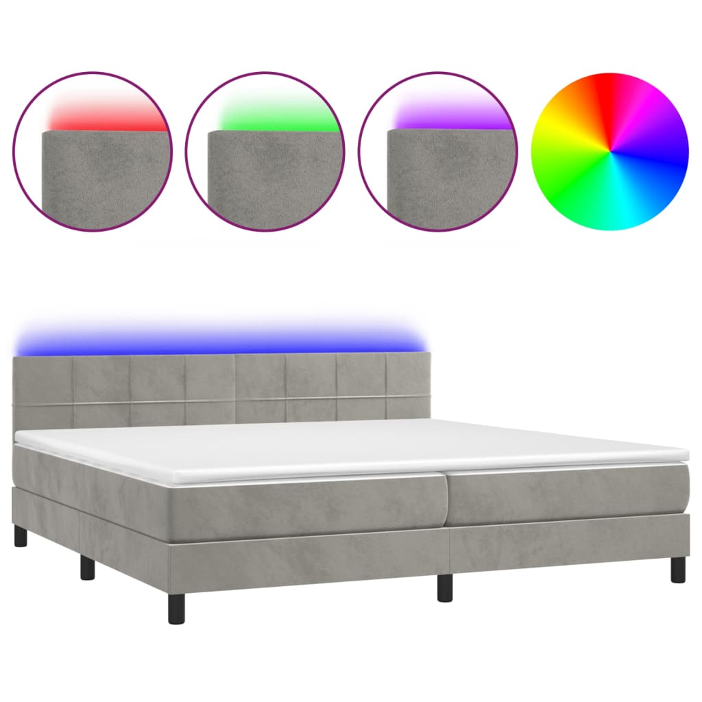 világosszürke bársony rugós és LED-es ágy matraccal 200x200 cm