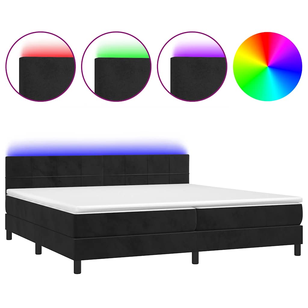 fekete bársony rugós és LED-es ágy matraccal 200x200 cm