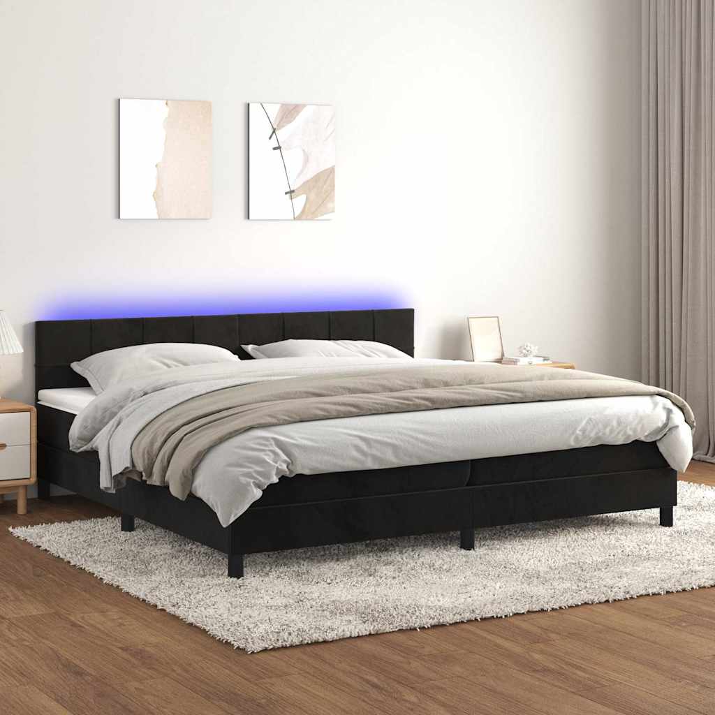 fekete bársony rugós és LED-es ágy matraccal 200x200 cm