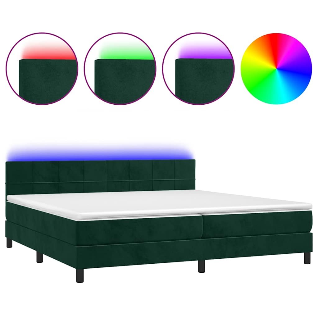 sötétzöld bársony rugós és LED-es ágy matraccal 200x200 cm