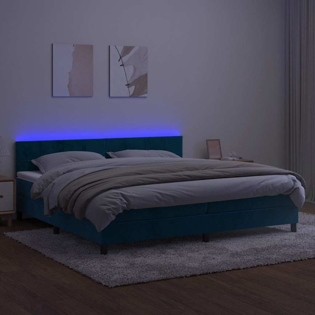 sötétkék bársony rugós és LED-es ágy matraccal 200x200 cm