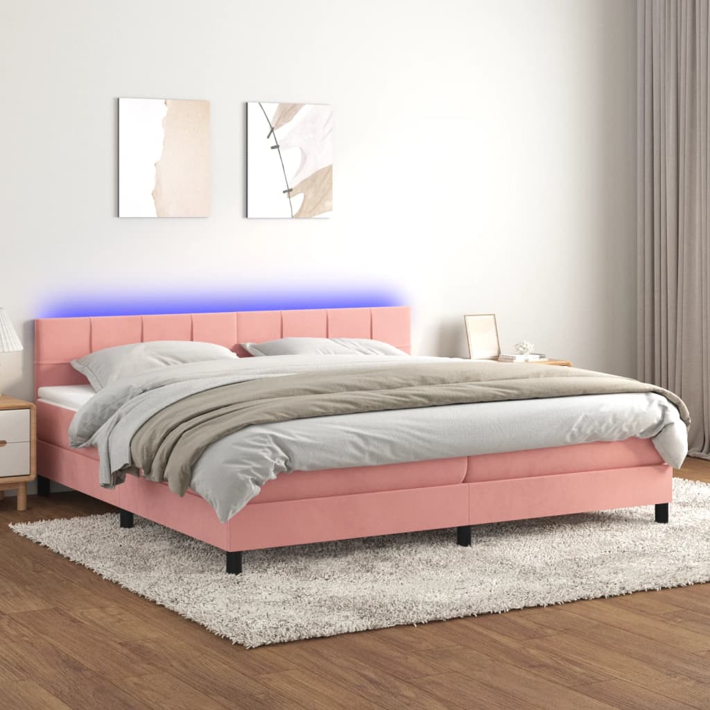 rózsaszín bársony rugós és LED-es ágy matraccal 200x200 cm