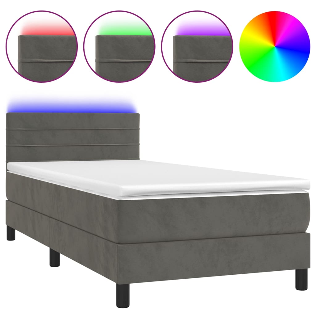 sötétszürke bársony rugós és LED-es ágy matraccal 80 x 200 cm
