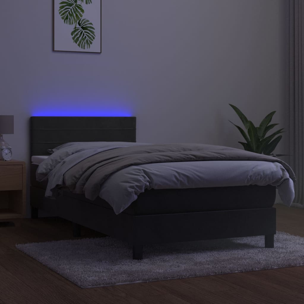 sötétszürke bársony rugós és LED-es ágy matraccal 90x190 cm