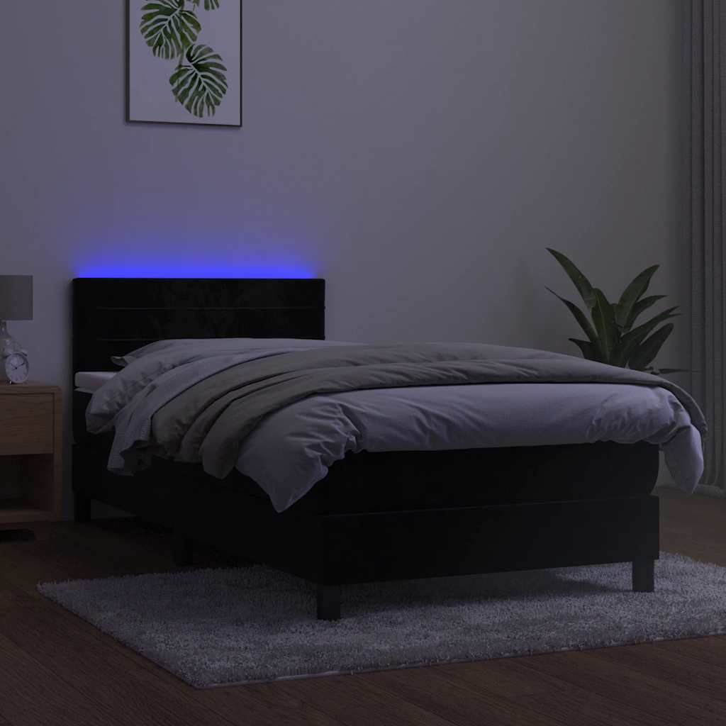 fekete bársony rugós és LED-es ágy matraccal 90x190 cm