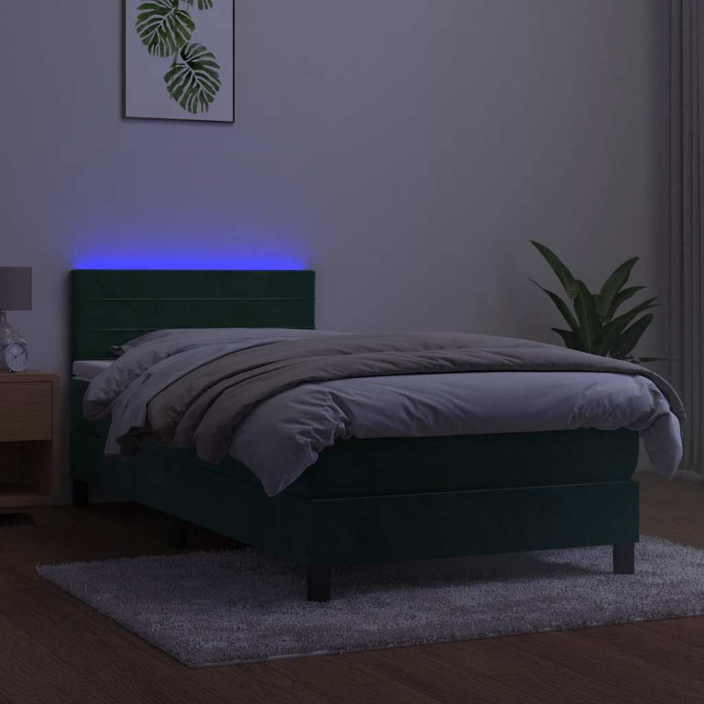 sötétzöld bársony rugós és LED-es ágy matraccal 90x190 cm