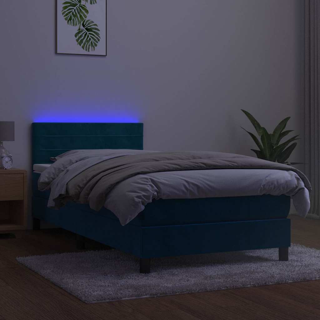 sötétkék bársony rugós és LED-es ágy matraccal 90x190 cm