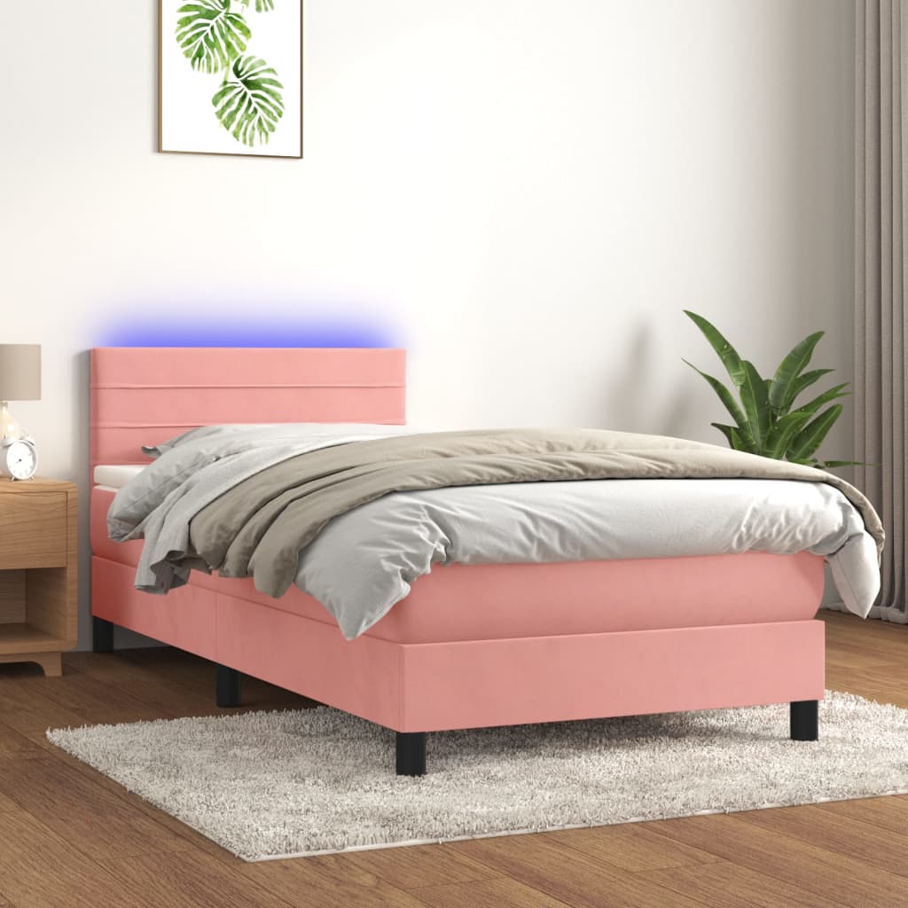 rózsaszín bársony rugós és LED-es ágy matraccal 90x190 cm
