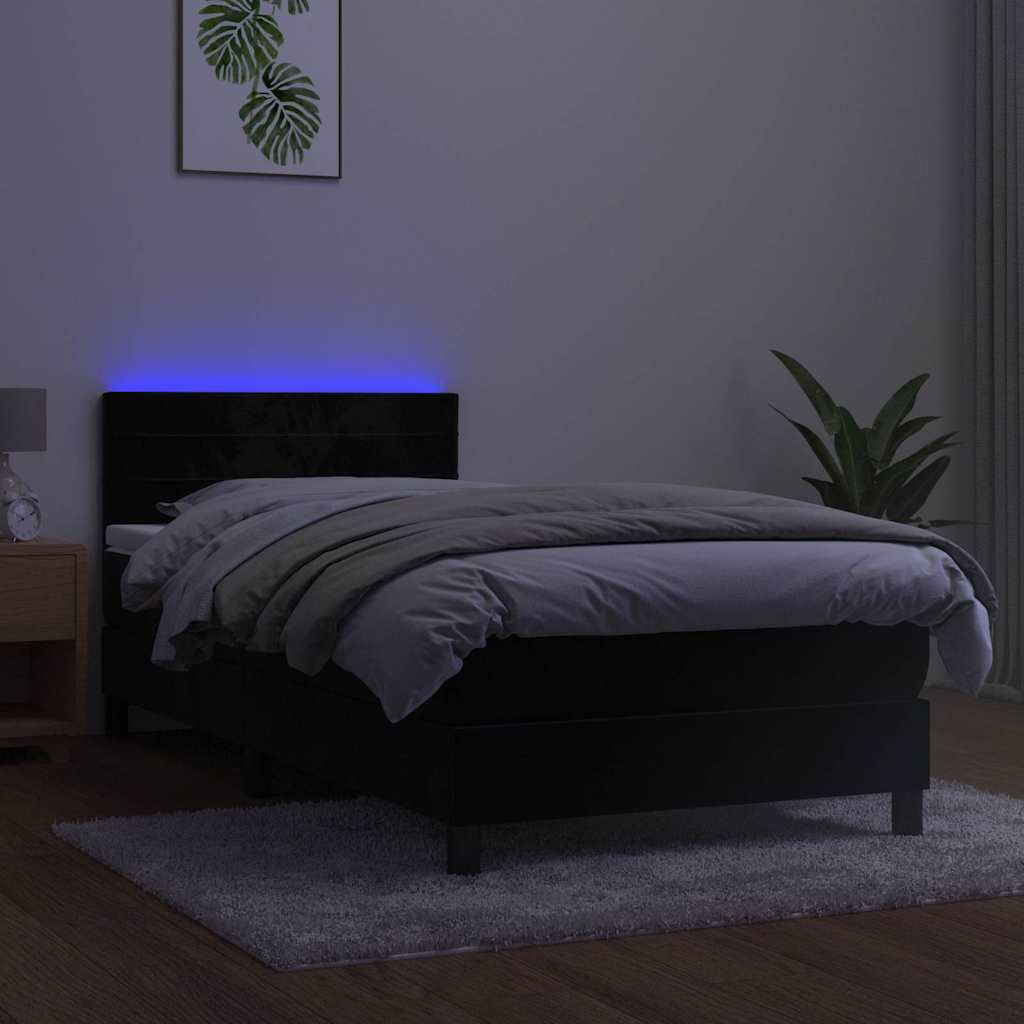 fekete bársony rugós és LED-es ágy matraccal 90x200 cm