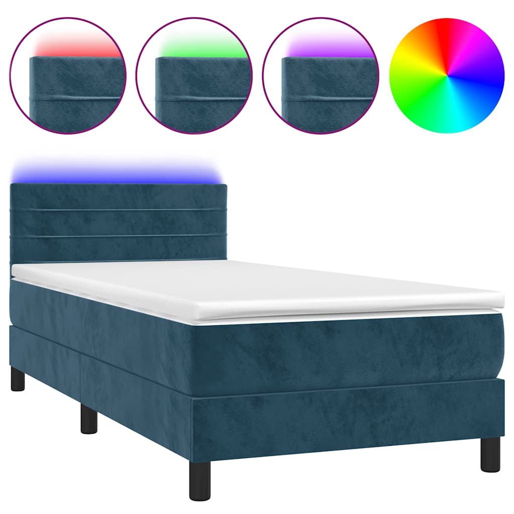 sötétkék bársony rugós és LED-es ágy matraccal 90x200 cm
