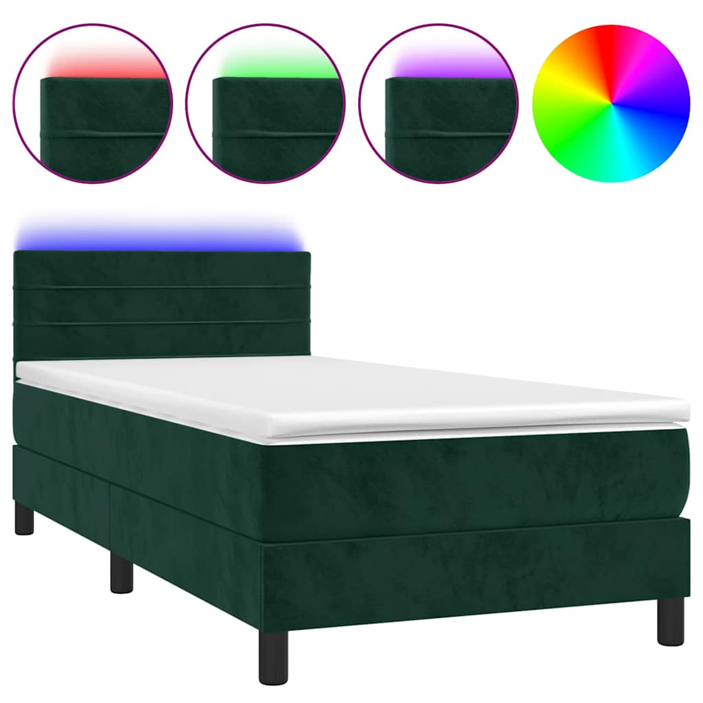 sötétzöld bársony rugós és LED-es ágy matraccal 100x200 cm