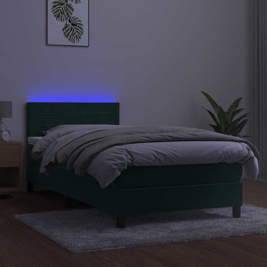 sötétzöld bársony rugós és LED-es ágy matraccal 100x200 cm