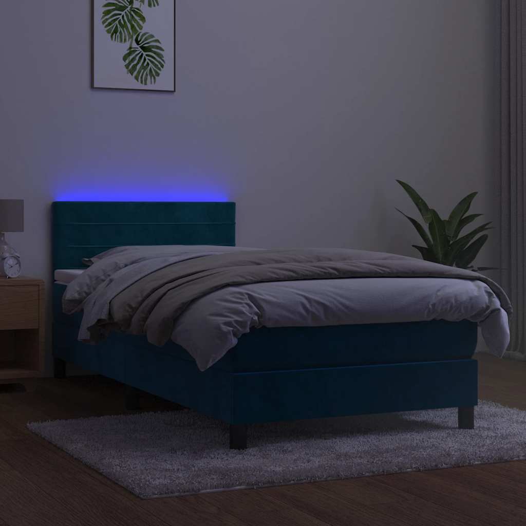 sötétkék bársony rugós és LED-es ágy matraccal 100x200 cm