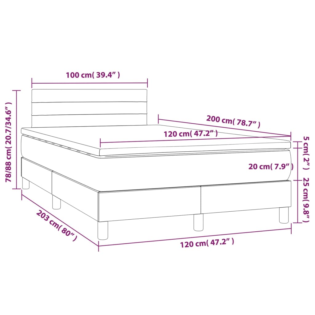 világosszürke bársony rugós és LED-es ágy matraccal 120x200 cm