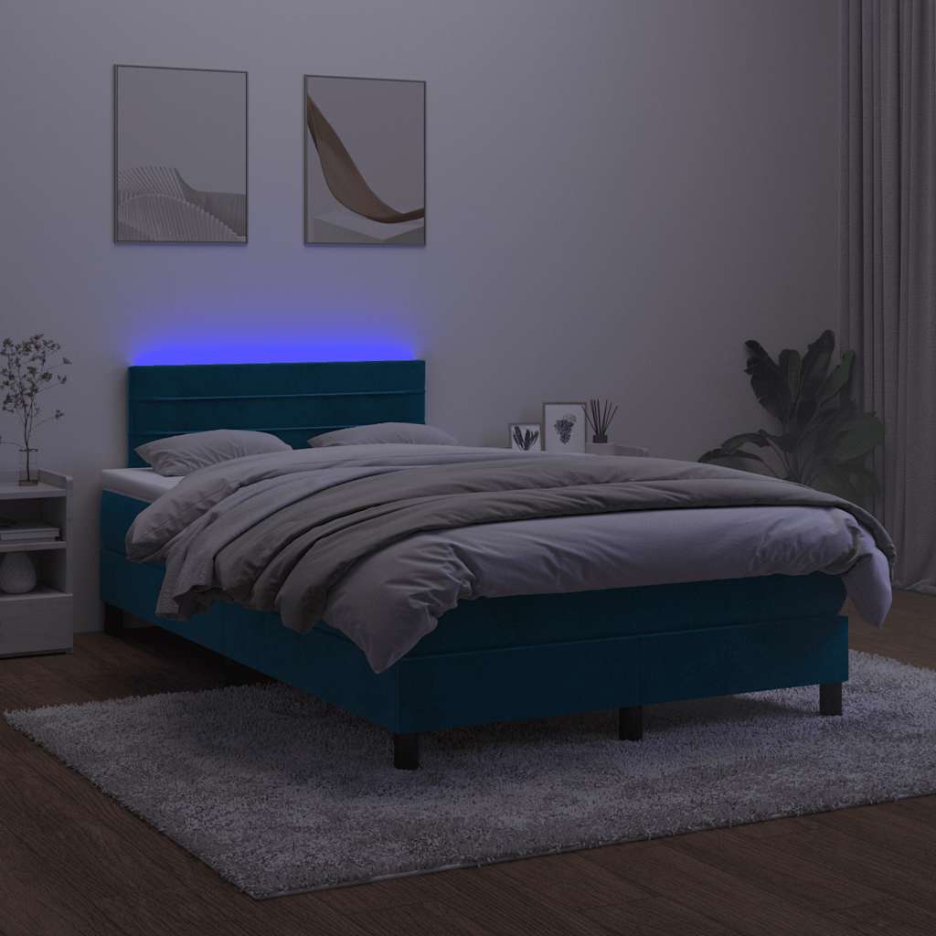 sötétkék bársony rugós és LED-es ágy matraccal 120x200 cm