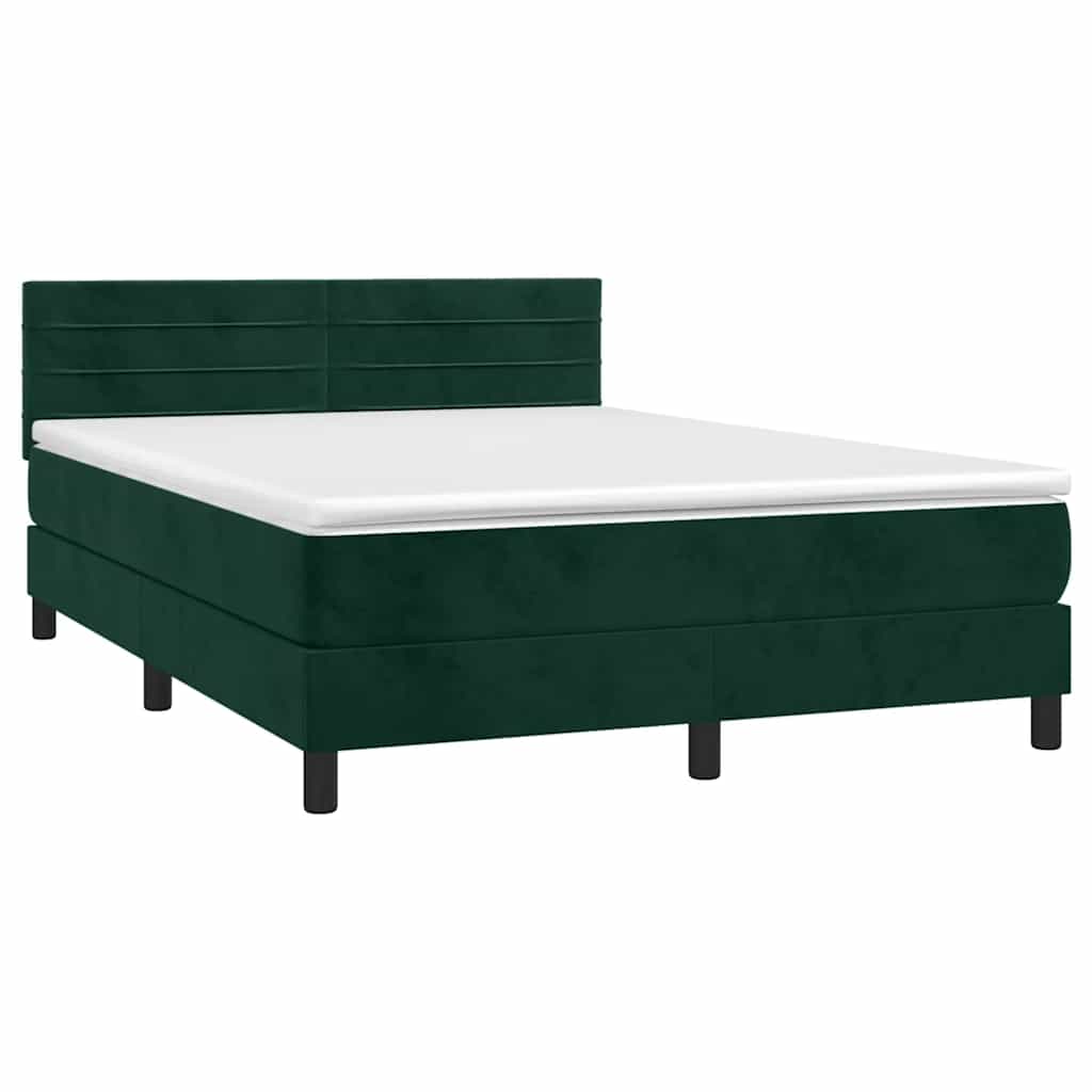 sötétzöld bársony rugós és LED-es ágy matraccal 140x190 cm