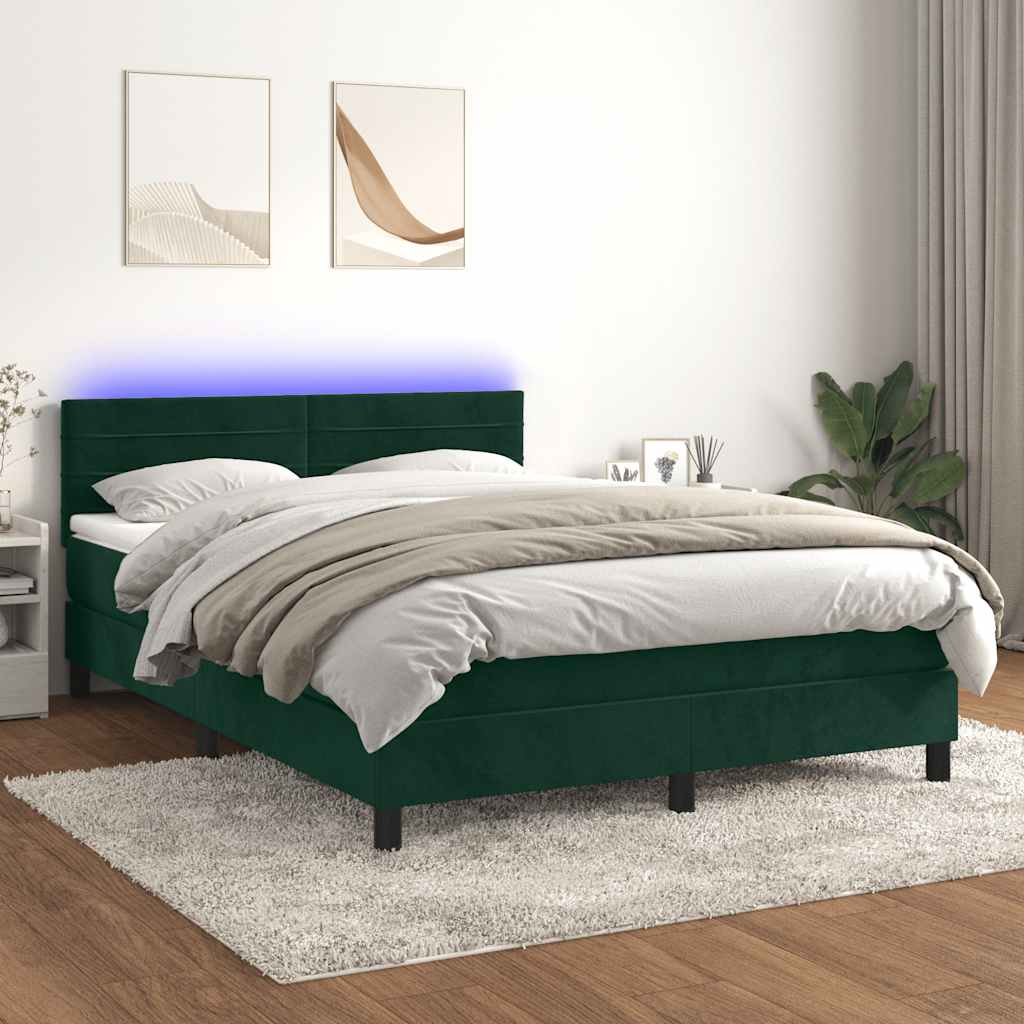sötétzöld bársony rugós és LED-es ágy matraccal 140x190 cm
