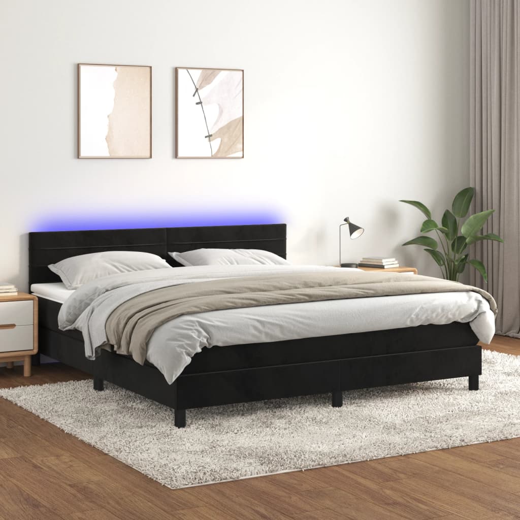 fekete bársony rugós és LED-es ágy matraccal 160x200 cm