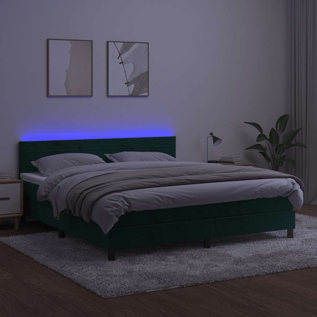 sötétzöld bársony rugós és LED-es ágy matraccal 160x200 cm