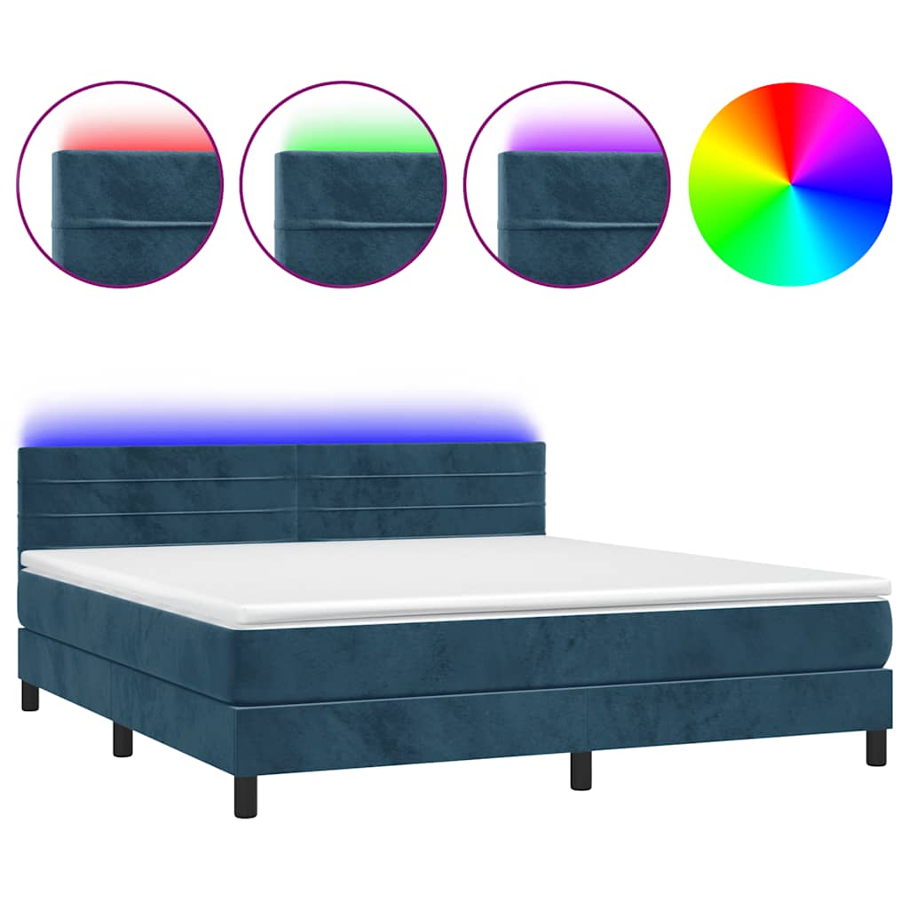 sötétkék bársony rugós és LED-es ágy matraccal 160x200 cm