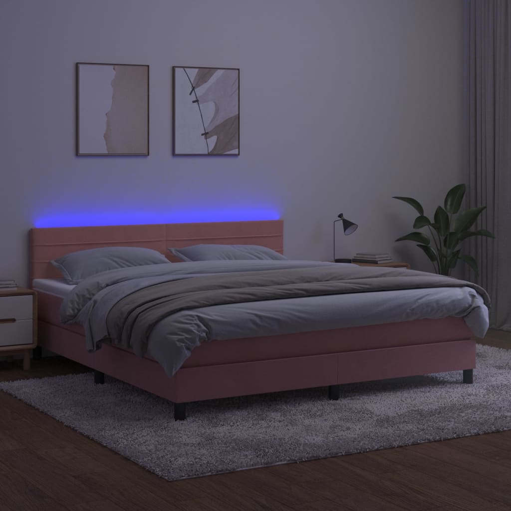 rózsaszín bársony rugós és LED-es ágy matraccal 160x200 cm