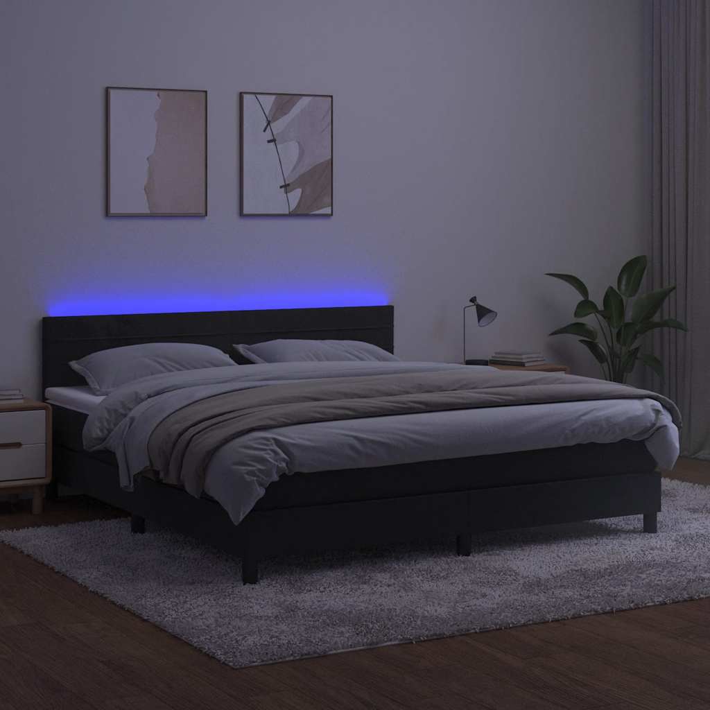 fekete bársony rugós és LED-es ágy matraccal 180x200 cm