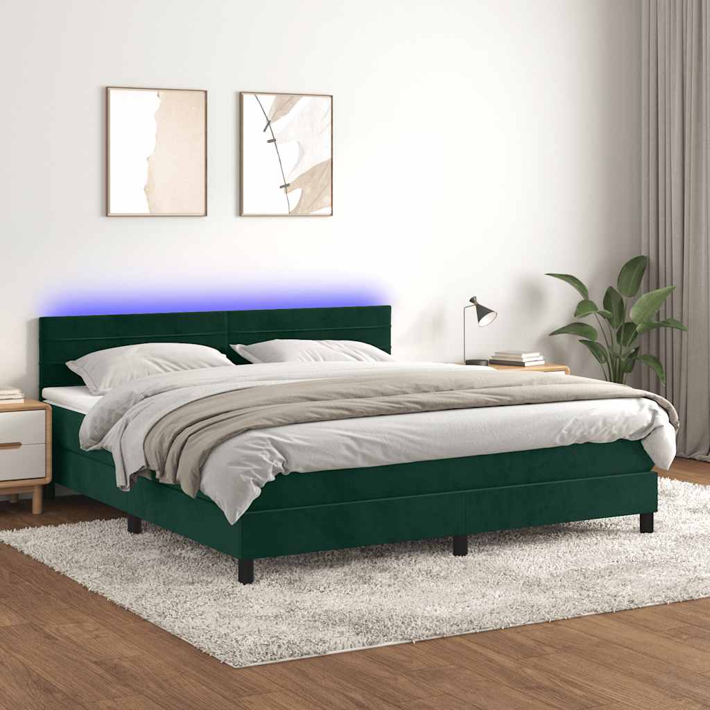 sötétzöld bársony rugós és LED-es ágy matraccal 180x200 cm