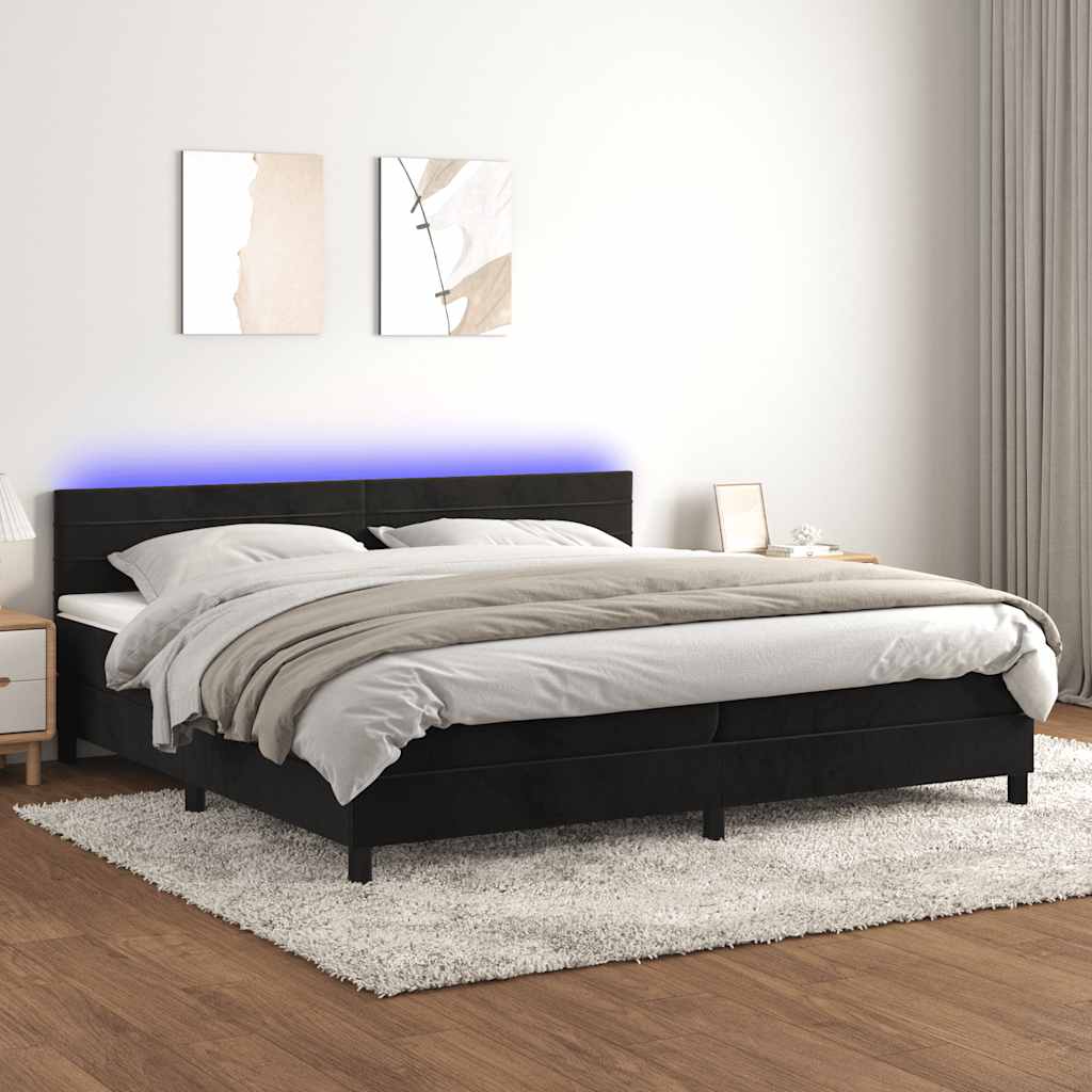fekete bársony rugós és LED-es ágy matraccal 200x200 cm