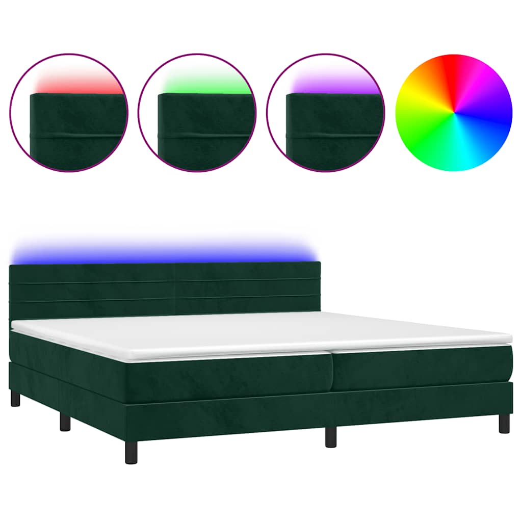 sötétzöld bársony rugós és LED-es ágy matraccal 200x200 cm