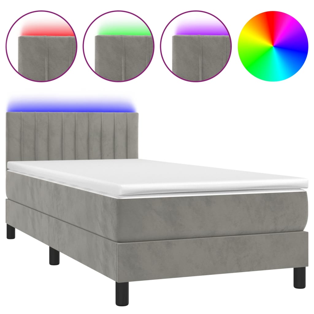 világosszürke bársony rugós és LED-es ágy matraccal 80 x 200 cm