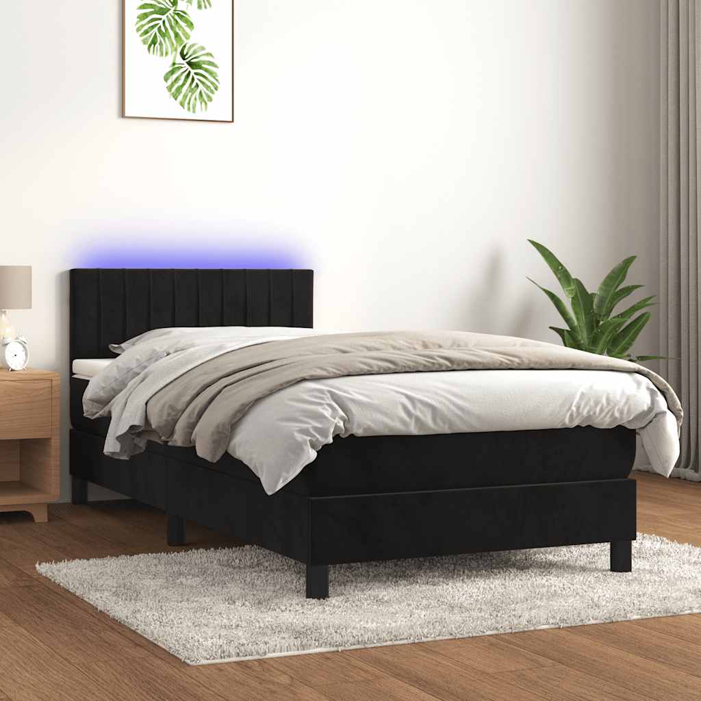 fekete bársony rugós és LED-es ágy matraccal 90x190 cm