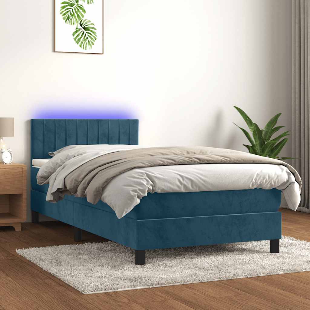 sötétkék bársony rugós és LED-es ágy matraccal 90x190 cm