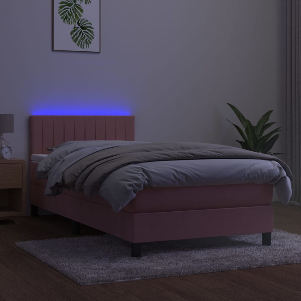 rózsaszín bársony rugós és LED-es ágy matraccal 90x190 cm