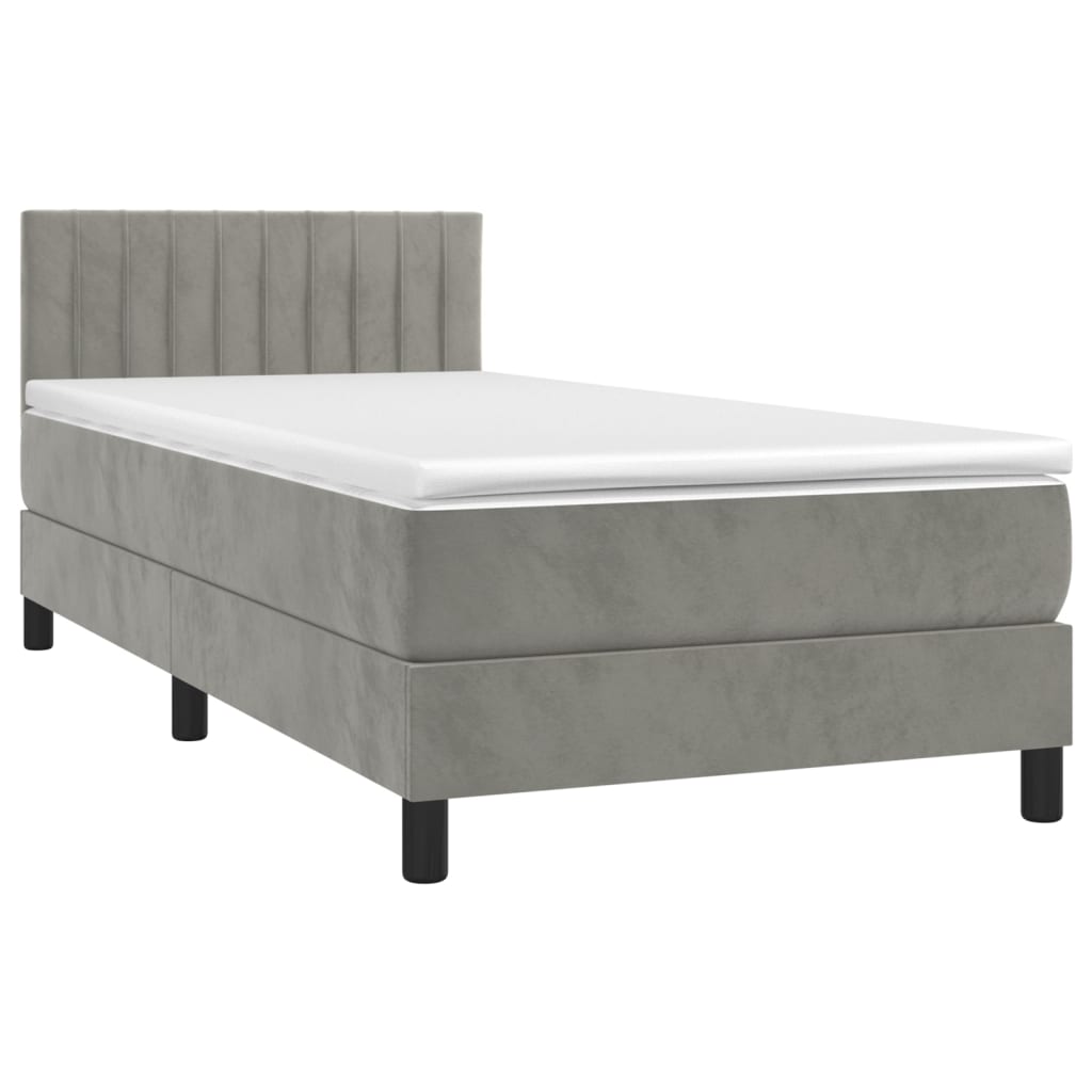világosszürke bársony rugós és LED-es ágy matraccal 90x200 cm