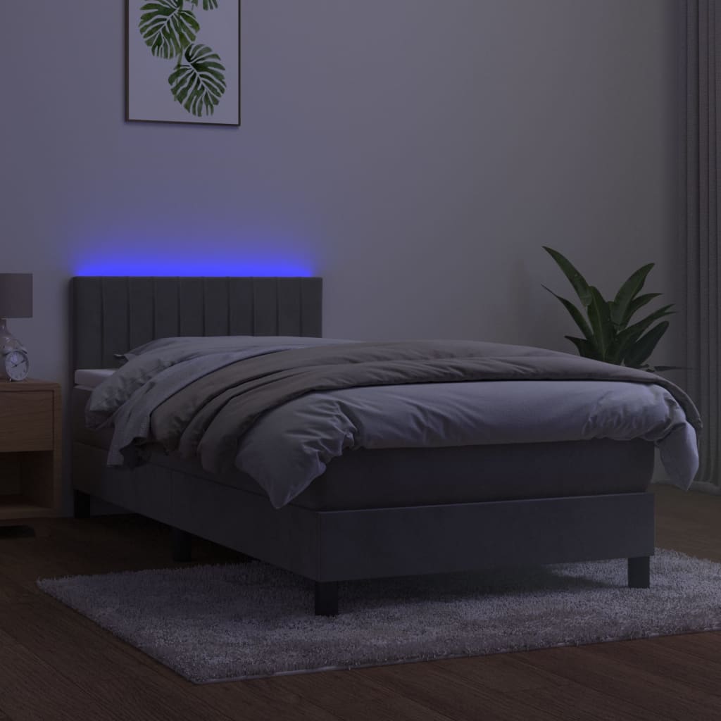 világosszürke bársony rugós és LED-es ágy matraccal 90x200 cm